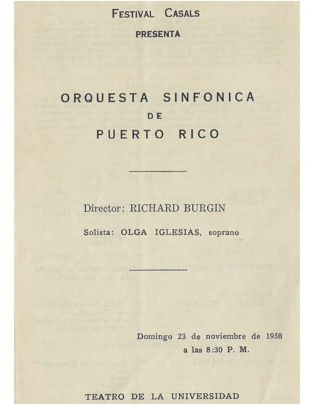 Programa del debut de Olga Iglesias en 1958 durante la segunda temporada del Festival Casals de Puerto Rico con Richard Burgin, director de la Orquesta Sinfónica de Boston.