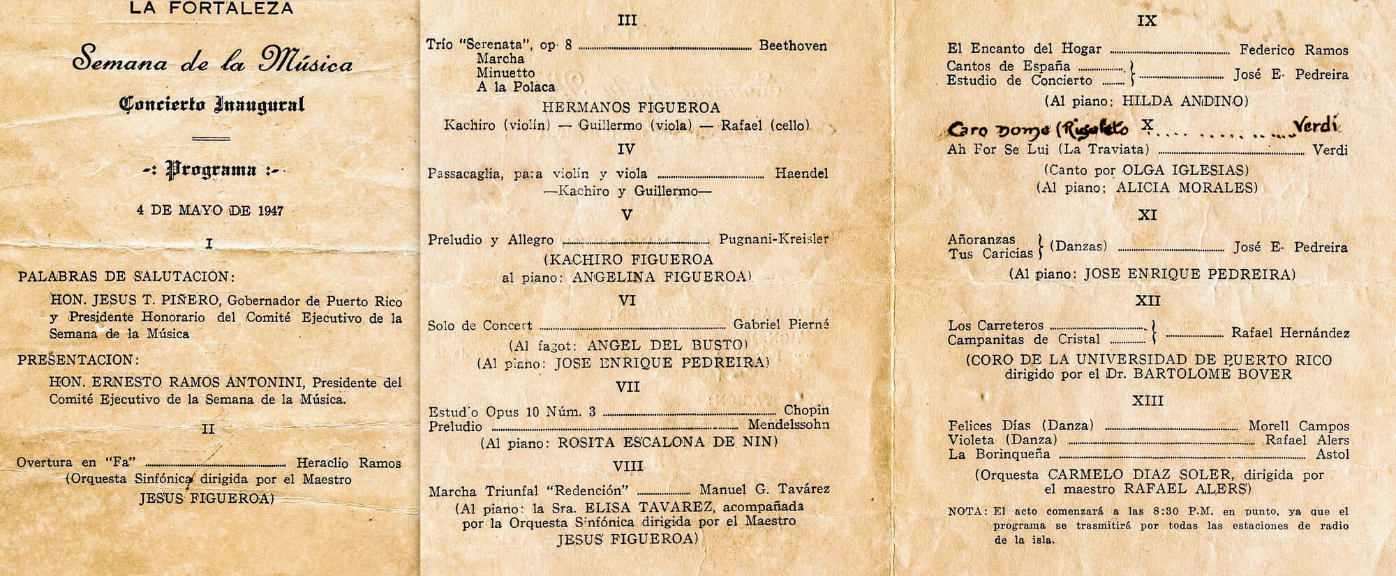 Programa de "La Semana de la Música" en La Fortaleza, donde Olga Iglesias hizo su debut público, 1947