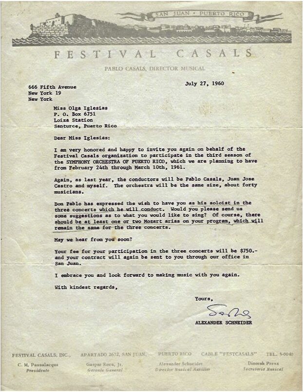 Carta fechada en 1960 a Olga Iglesias de Alexander Schneider indicando que Pablo Casals la había seleccionado para cantar como solista en una serie de conciertos que dirigiría en la quinta temporada del Festival Casals de Puerto Rico.