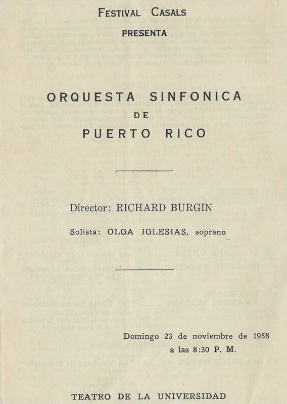 Programa del debut de Olga Iglesias como solista de la Orquesta Sinfónica de Puerto Rico, presentada por Festival Casals, Inc., el 23 de noviembre de 1958 en el Teatro de la Universidad, con Richard Burgin, director asociado de la Orquesta Sinfónica de Boston.