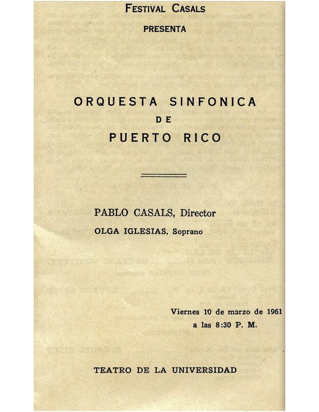 Programa de 1961 con Olga Iglesias como solista bajo la batuta de Pablo Casals en la quinta temporada del Festival Casals de Puerto Rico.